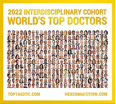 World's Top 100 Doctor-To-Doctor achievement award given to Dr. Pankaj Narkhede with headshots of all 100 doctors