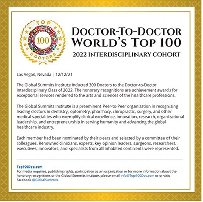 World's Top 100 Doctor-To-Doctor achievement award given to Dr. Pankaj Narkhede with headshots of all 100 doctors