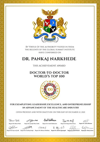 World's Top 100 Doctor-To-Doctor achievement award given to Dr. Pankaj Narkhede with headshots of all 100 doctors